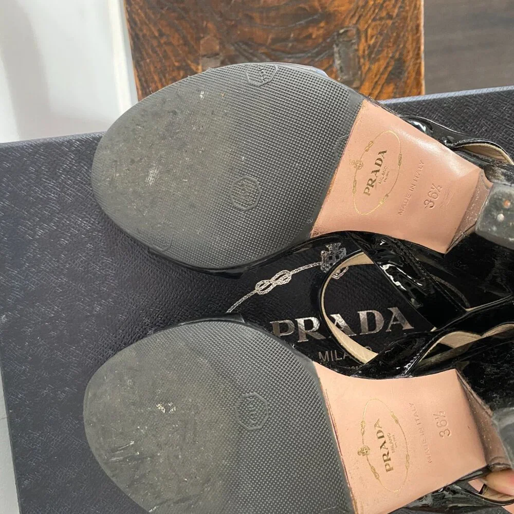 Prada Black Patent Leather Heeled Sandals Sz 36.5/6.5 - Picture 4 of 4